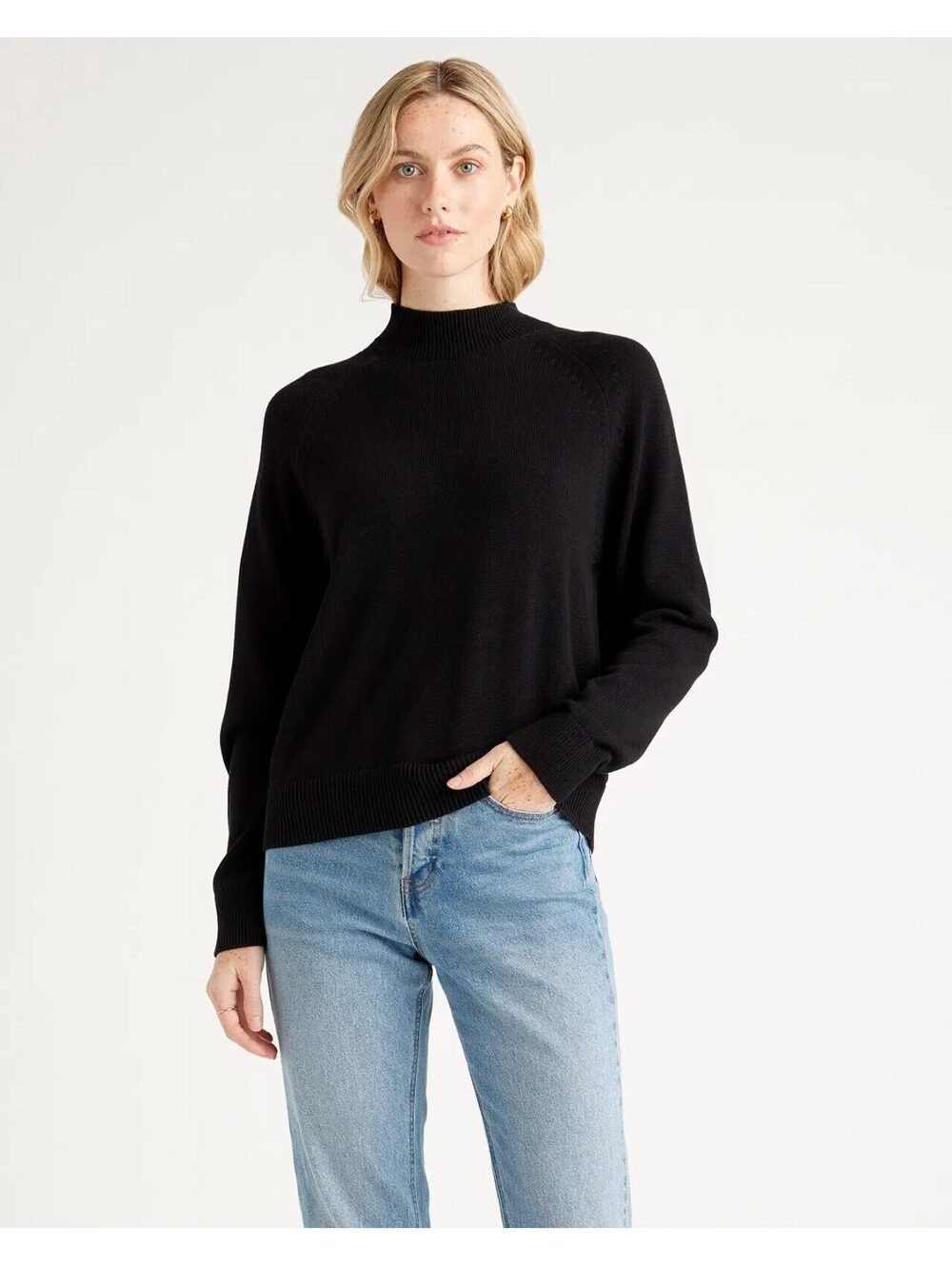 Quince 100% Cotton Black Mock Neck Sweater Size Small S